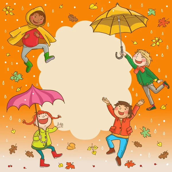 Kids jumping with umbrellas — Stock Vector