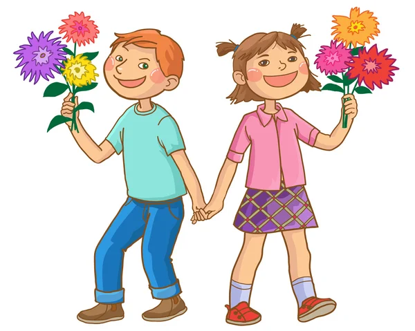 Παιδιά σχολικής ηλικίας με λουλούδια — Διανυσματικό Αρχείο