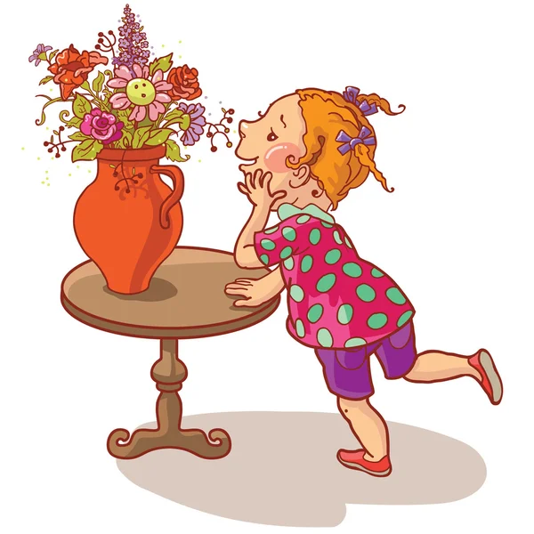 Chica mirando flores — Vector de stock