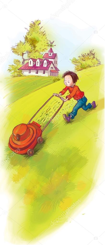 Boy mowing the grass
