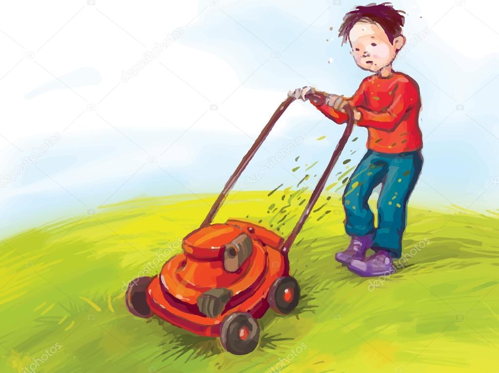 Boy mowing the lawn