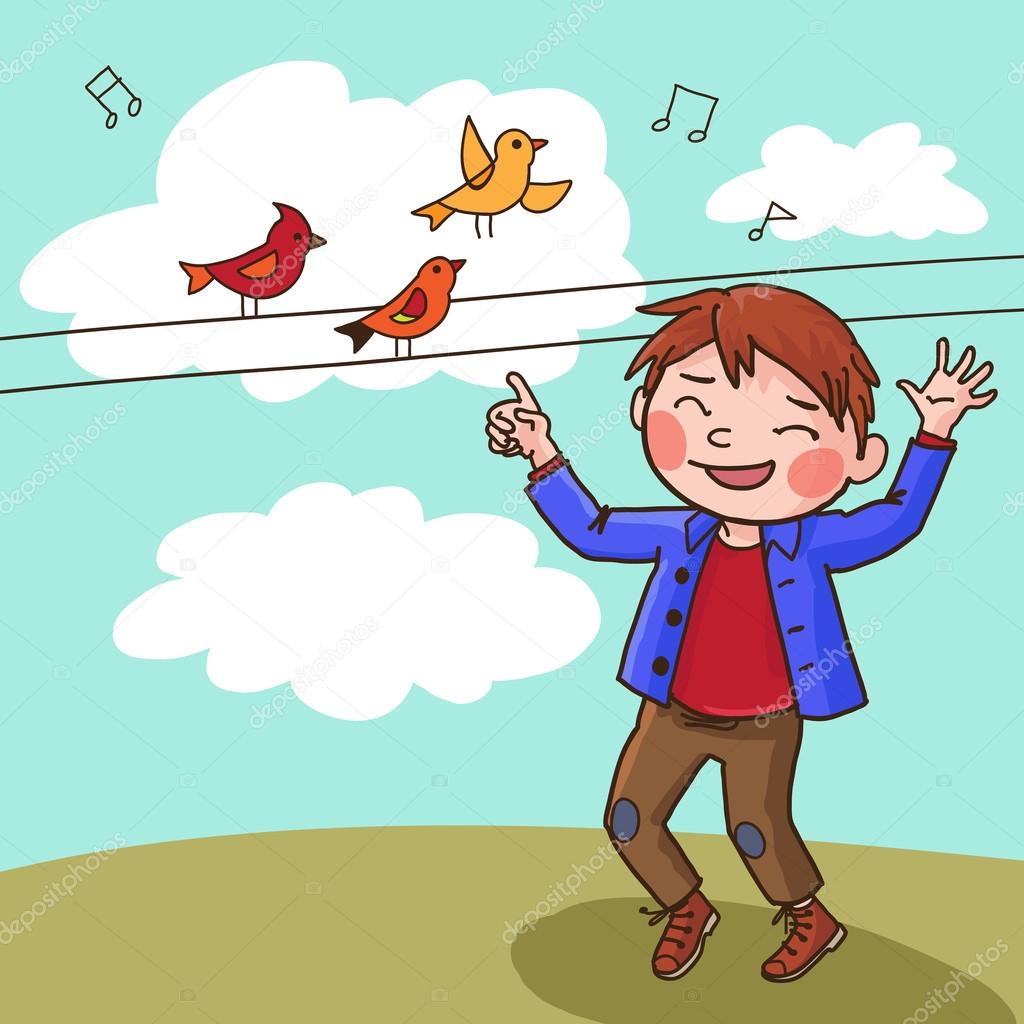 Boy sings with birds