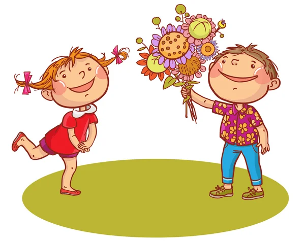 Çocuk kıza çiçek verir