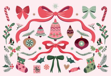 Dekoratif yaylar, süsler, çanlar, Holly Yaprakları, çam dalları, baston şekerler ve tatil unsurları, vektör illüstrasyonlu Noel kutlaması 