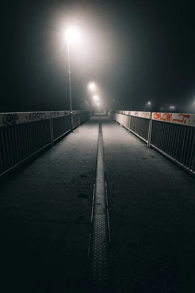 Sentiero Fangoso Nebbioso Marciapiede Nella Città Buia Notte Con Lampioni — Foto Stock