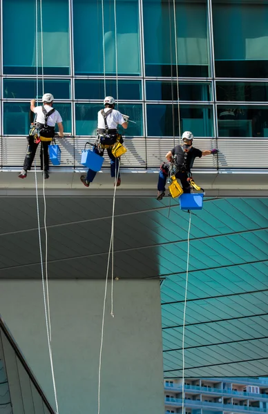 Equipe de trabalhadores de escalada no prédio de escritórios — Fotografia de Stock