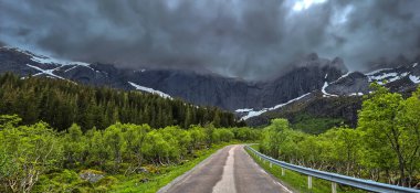 Norveç 'in Lofoten Adaları' ndaki Nusfjord yakınlarında Karlı Dağları olan Yeşil Vadi