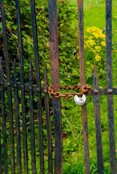 Porta de ferro trancada com corrente enferrujada e cadeado — Fotografia de Stock