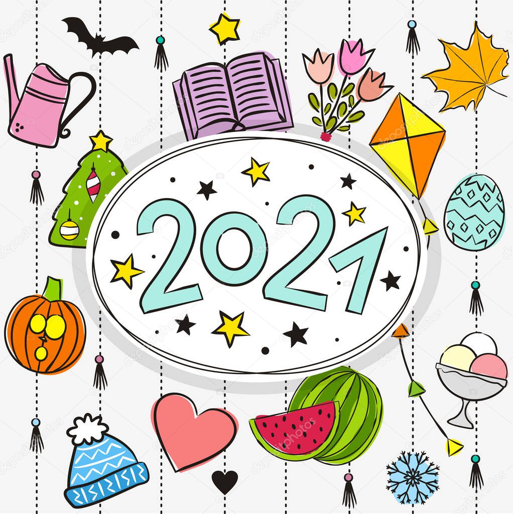 Thematic template for a calendar for 2021. Cover for the calendar with the seasons. Pattern for printing yearbooks and notebooks. Vector hand-drawn illustration, doodle style.