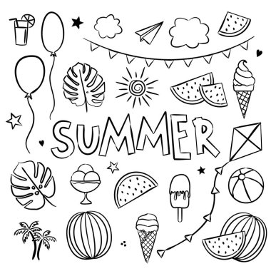 Yaz boyası. Mevsimlik takvim elementleri. El çizimi nesneler beyaz arka planda izole edilmiş. Yıllıklar ve takvimler için vektör illüstrasyonu.