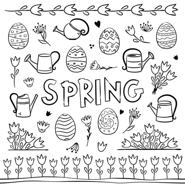 Spring Coloring Elements Seasonal Calendar Hand Drawn Doodle Objects Isolated — Stock Vector