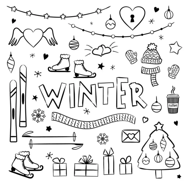 Зима Забарвлення Елементи Сезонного Календаря Мальовані Вручну Каракулі Ізольовані Білому — стоковий вектор