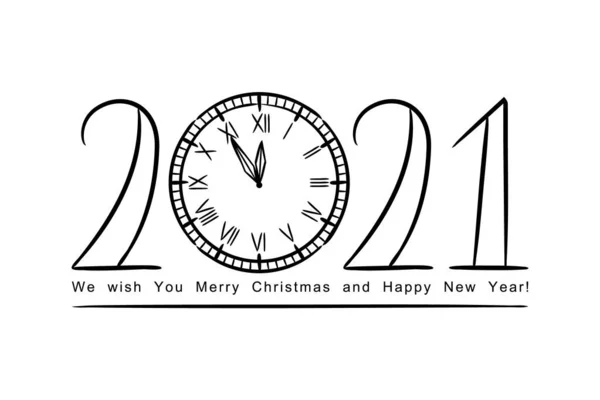 Happy New Year 2021 Lettering Hand Drawn Numbers Vintage Clock — Stock Vector