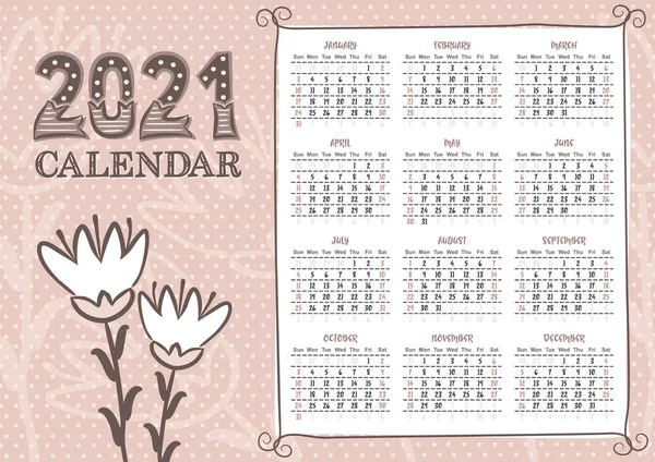 2021 Plantilla Calendario Orientación Paisaje Con Flores Lindas Calendario Anual — Archivo Imágenes Vectoriales