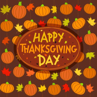 Elle çizilmiş balkabakları ve güz yapraklarıyla Şükran Günü tebrik kartı. Şükran Günü logo şablonunuz kutlu olsun. Vektör illüstrasyonu