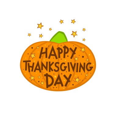 Şükran günün kutlu olsun. El çizimi balkabağı dolu harflerle ve yıldızlarla. Tasarım için amblem ya da logo. Vektör illüstrasyonu