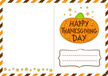 Şükran Günün kutlu olsun. Tebrik etmek için üzerinde logo olan bir kartpostal. El yapımı sonbahar yaprakları ve balkabakları. Zarf süslemesi için boş. Vektör illüstrasyonu.