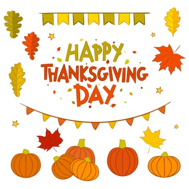 Şükran Günün kutlu olsun. Çizilmiş tatil öğeleri seti. Sonbahar yaprakları, bayraklar, balkabakları. Tasarımınız için ayrı nesneler. Vektör illüstrasyonu