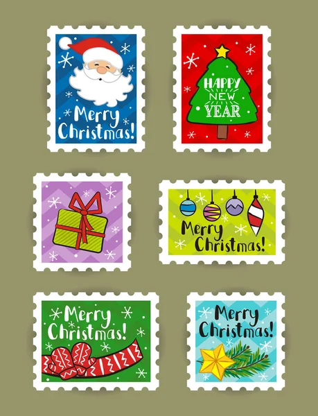 Conjunto Selos Postais Natal Com Elementos Desenhados Mão Etiquetas Ano — Vetor de Stock