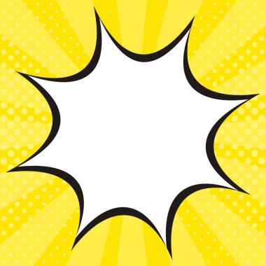 Popart tarzında patlama çerçeveli parlak bir afiş. Parlak sarı bir arka planda patlama. Web tasarımı şablonu, afişler, kuponlar, başvurular ve posterler. Çizgi film Vektör illüstrasyonu.