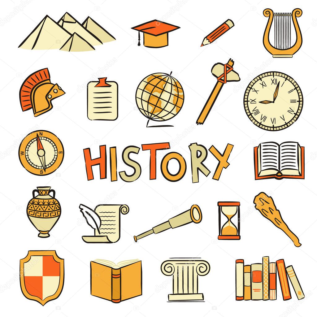 Set of hand drawn isolated History icons. Pictograms of an open book, Greek column, Roman helmet, amphora, scroll, hourglass. Vector illustration on the theme of archeology and education.
