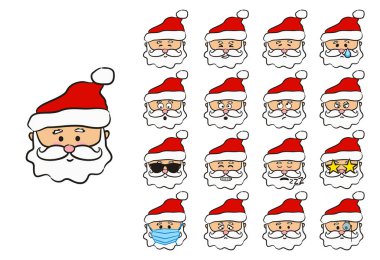 Noel Baba emojisi. Komik el çizilmiş karakter. Noel Vektörü illüstrasyonu. Noel Baba koruyucu maske takıyor. Duyguları olan 16 logo.