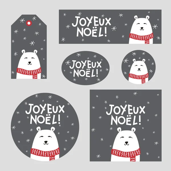 Set Weihnachtsdekor Mit Eisbär Für Frankreich Französisch Frohe Weihnachten Plakat — Stockvektor