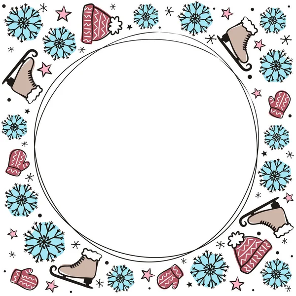 Кругла Рамка Ручними Витягнутими Ковзанами Язанням Сніжинками Затишний Зимовий Шаблон — стоковий вектор