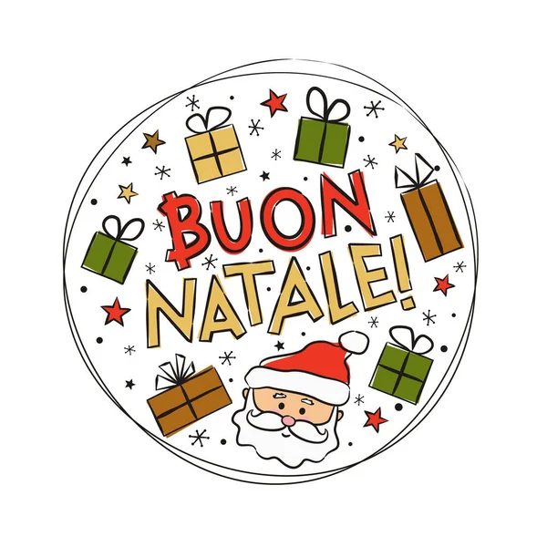 Italienische Frohe Weihnachten Logo Mit Weihnachtsmann Und Geschenkschachteln Handgezeichnetes Isoliertes — Stockvektor