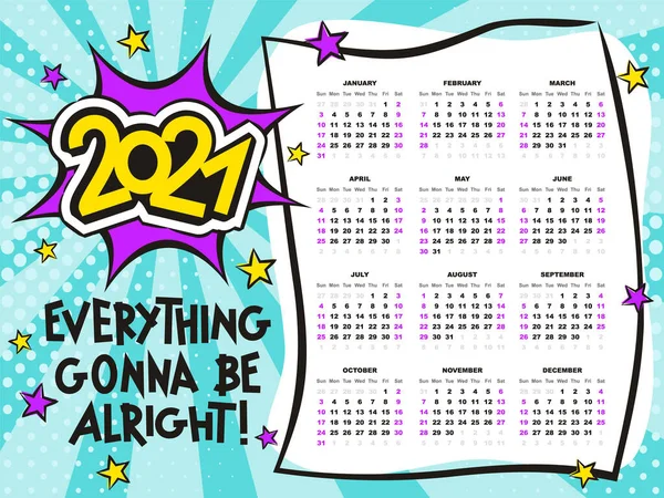 Helle Kalendervorlage Der Pop Art Jährlicher Cartoon Kalender 2021 Monate — Stockvektor