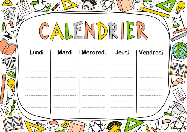 Franska Kids Template Ett Skolschema För Dagar Veckan För Elever — Stock vektor