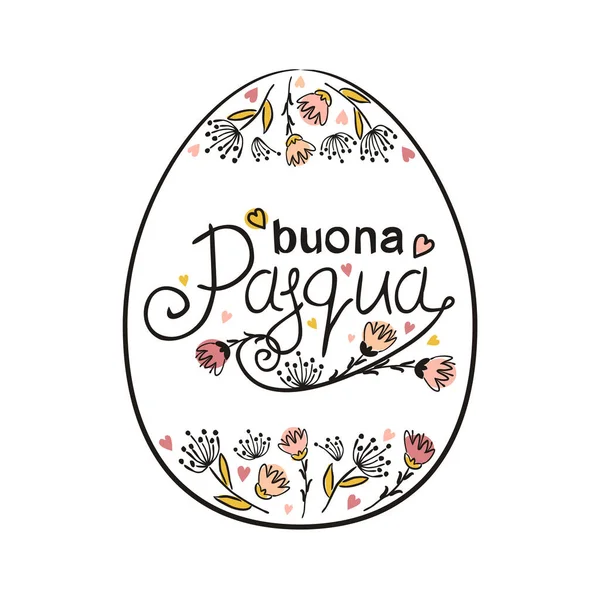 卵の形をしたイタリアのハッピーイースターフレーム 白い背景に隔離されたグリーティングカードのための花とイースタータイポグラフィを手描き イタリアのベクトルイラスト ハッピーイースター — ストックベクタ