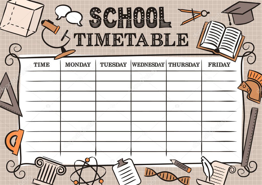 Vintage Template of a school schedule for 5 days of the week for students. Vector illustration in doodle style. Timetable Includes hand-drawn school theme elements.