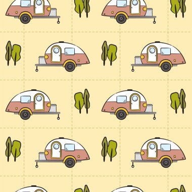 Elle çizilmiş karavan ve ağaçların kusursuz desenleri. Retro kampçılar. Seyahat, kervancılık, kamp, yürüyüş ve karavan konulu vektör illüstrasyonu.