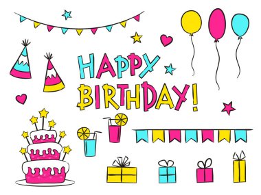 Beyaz arka planda izole edilmiş bir grup Mutlu Yıllar elementi. El yapımı tatil öğeleri, hediyeler, balonlar, pasta, yıldızlar, limonata, çelenkler. Tasarım, tebrik kartları, afişler için vektör illüstrasyonu.