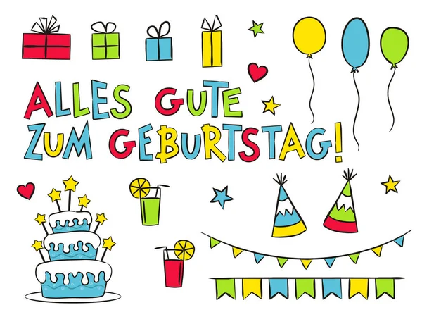 Set Deutscher Happy Birthday Elemente Isoliert Auf Weißem Hintergrund Handgezeichnete — Stockvektor