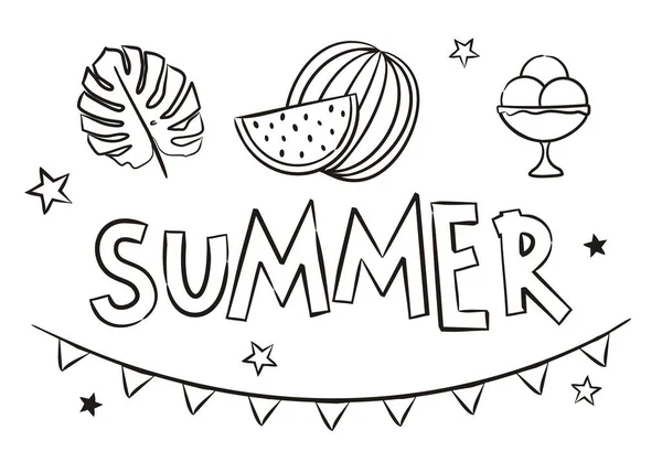 冰淇淋 丛林树叶 夏天的色彩 季节性日历的要素 手工绘制的涂鸦物体在白色背景下被隔离 矢量说明 — 图库矢量图片