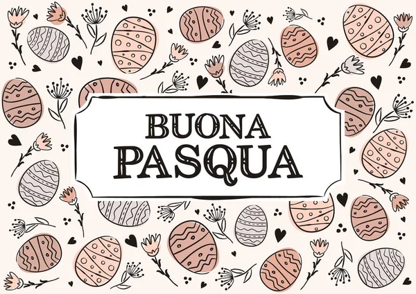イタリアのハッピーイースターグリーティングカード 花や卵でイースタータイポグラフィを手描き イタリアのベクトルイラスト ハッピーイースター — ストックベクタ