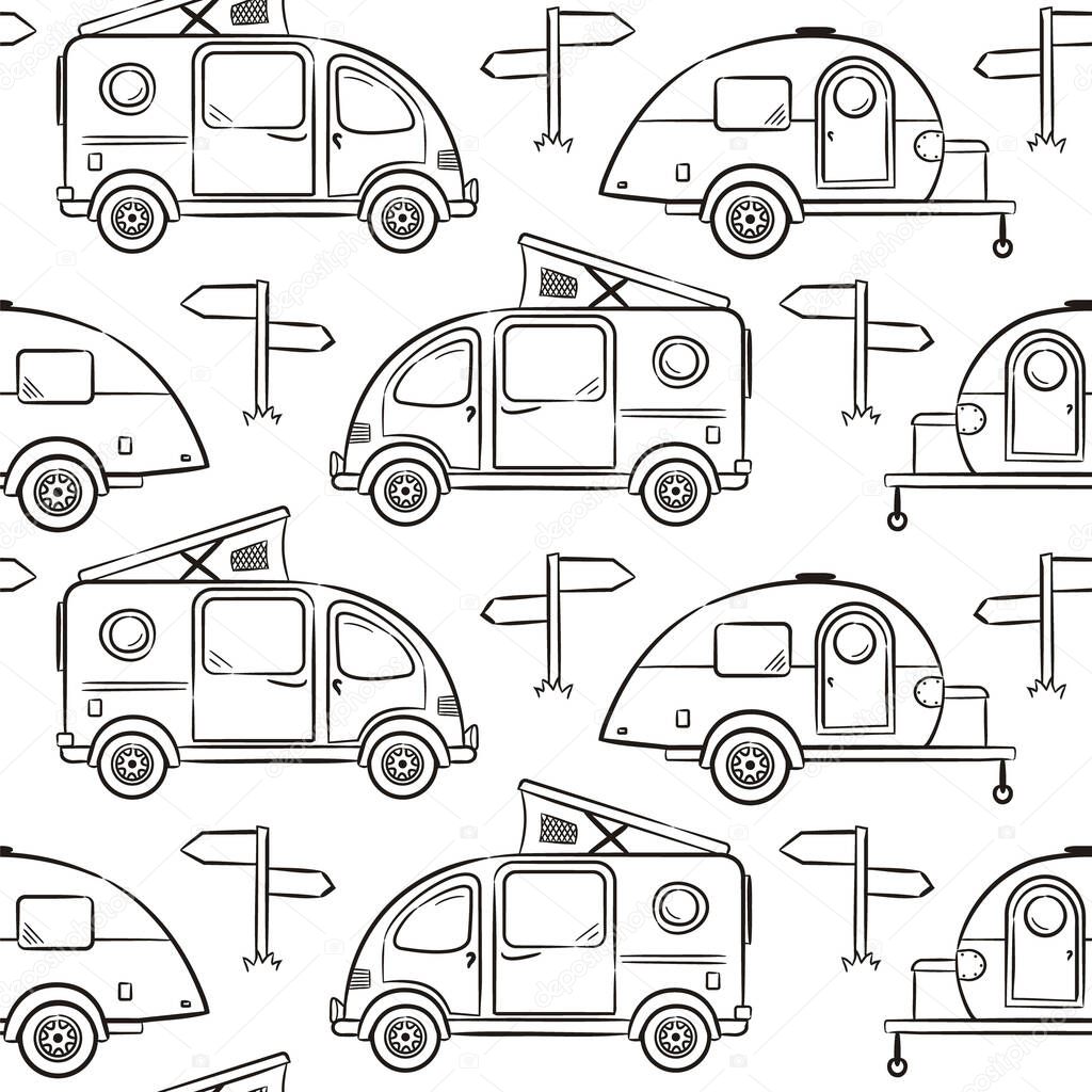 Seamless pattern of Hand-drawn caravan trailer and minivans. Black and white Retro campers for coloring. Contour Vector illustration on the theme of travel, caravanning, camping, hiking, motorhomes.