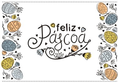 Portekizli Mutlu Paskalyalar tebrik kartı çekti. Çiçekli ve yumurtalı Paskalya tipografisi. Portekiz için vektör illüstrasyonu. Paskalya yumurtaları. Çevirisi: Mutlu Paskalyalar
