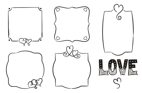 Hand Drawn Vintage Frames Hearts Doodle Style Decoration Theme Love — Stock Vector