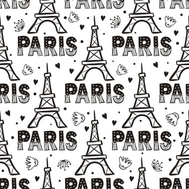 Eyfel Kulesi 'nde el izi yok. Paris dekoru, çiçek ve herat. Fransa, gezi ve macera için Contour Vektör illüstrasyonuName.