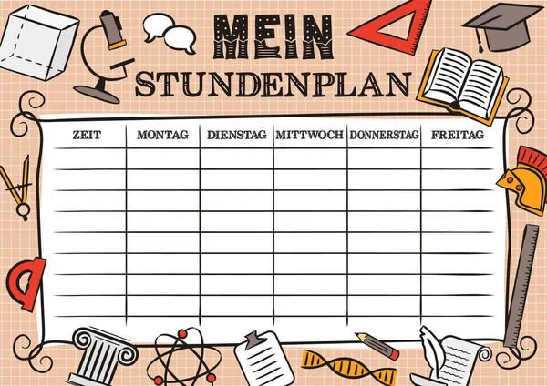 Deutsche Jahrgangsvorlage Eines Stundenplans Für Tage Der Woche Für Schüler — Stockvektor