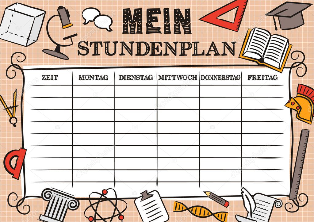 German vintage template of a school schedule for 5 days of the week for students. Blank for a list of school subjects. Vector illustration in doodle styles for Germany. Translation: My Timetable