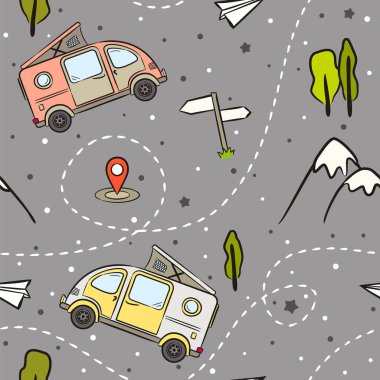 Elle çizilmiş minibüslerin, dağların ve ağaçların kusursuz deseni. Retro otobüs. Seyahat, kervancılık, kamp, yürüyüş ve karavan konulu vektör illüstrasyonu.