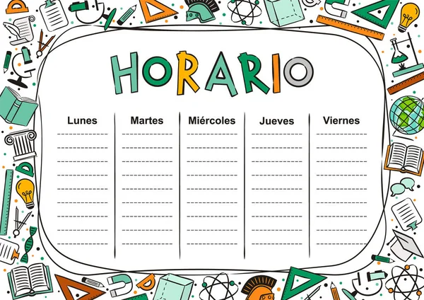 Hiszpański Dzieci Szablon Harmonogramu Szkoły Dni Tygodniu Dla Uczniów Ilustracja — Wektor stockowy