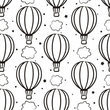 Elle çizilmiş balonlar ve bulutlarla kusursuz desen. Çocuk odası ya da seyahat için güzel bir arka plan. Karalama biçiminde Contour vektör illüstrasyonu.