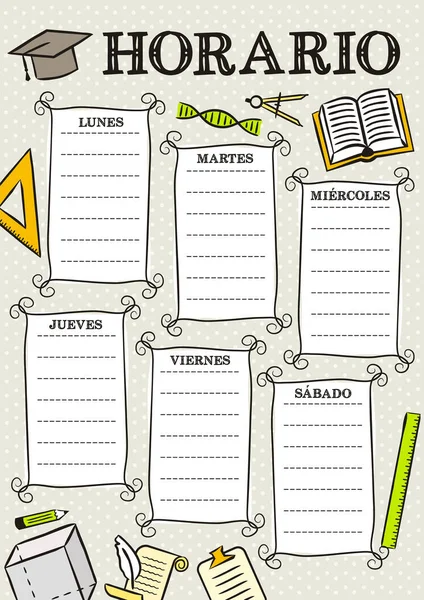 Spanish Comic template of a school schedule for 5 days of the week. Cartoon  Blank for a list of school subjects. Transaltion: Timetable, Monday,  Tuesday, Wednesday, Thursday, Friday. Vector popart Stock Vector