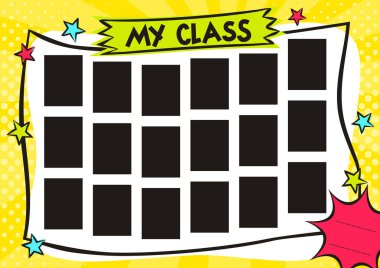 School Children's photo frame in pop art style. Bright page for class photos. Template for the design of frames for photographs, posters, cards, stickers. Vector illustration. clipart