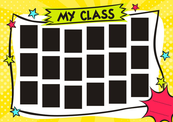 School Children's photo frame in pop art style. Bright page for class photos. Template for the design of frames for photographs, posters, cards, stickers. Vector illustration.